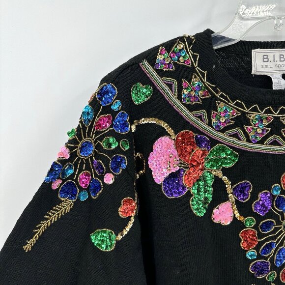 vintage 80s BEADED SEQUINS SWEATER tunic shoulder pads colorful floral 2X - Picture 4 of 8